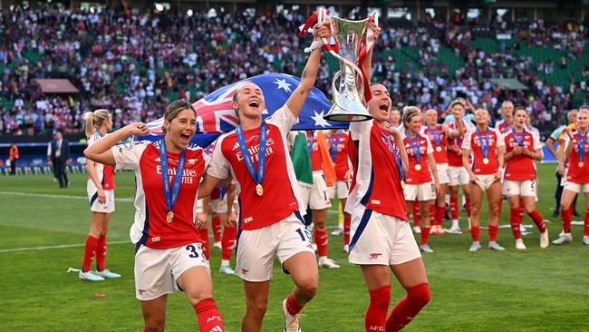 Matildas stars Kyra Cooney-Cross, Caitlin Foord and Steph Catley clinch Champions League glory with Arsenal. (Photo by David Ramos/Getty Images)