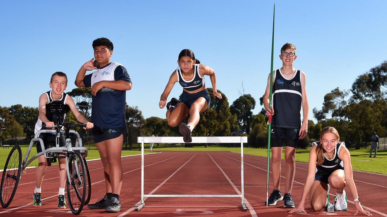 KommunityTV will be live streaming the 2024 Coles Australian Little Athletics Championships again this year. Victorian state team mates (L-R) Zac Enderby (100m frame runner and shot put), Jerome NuÃu (shot put), Felicity Buza (hurdles and relay), Xander Mitchell (javelin) and Grace Mulqueen (800m and 1500m runner). Picture: Josie Hayden