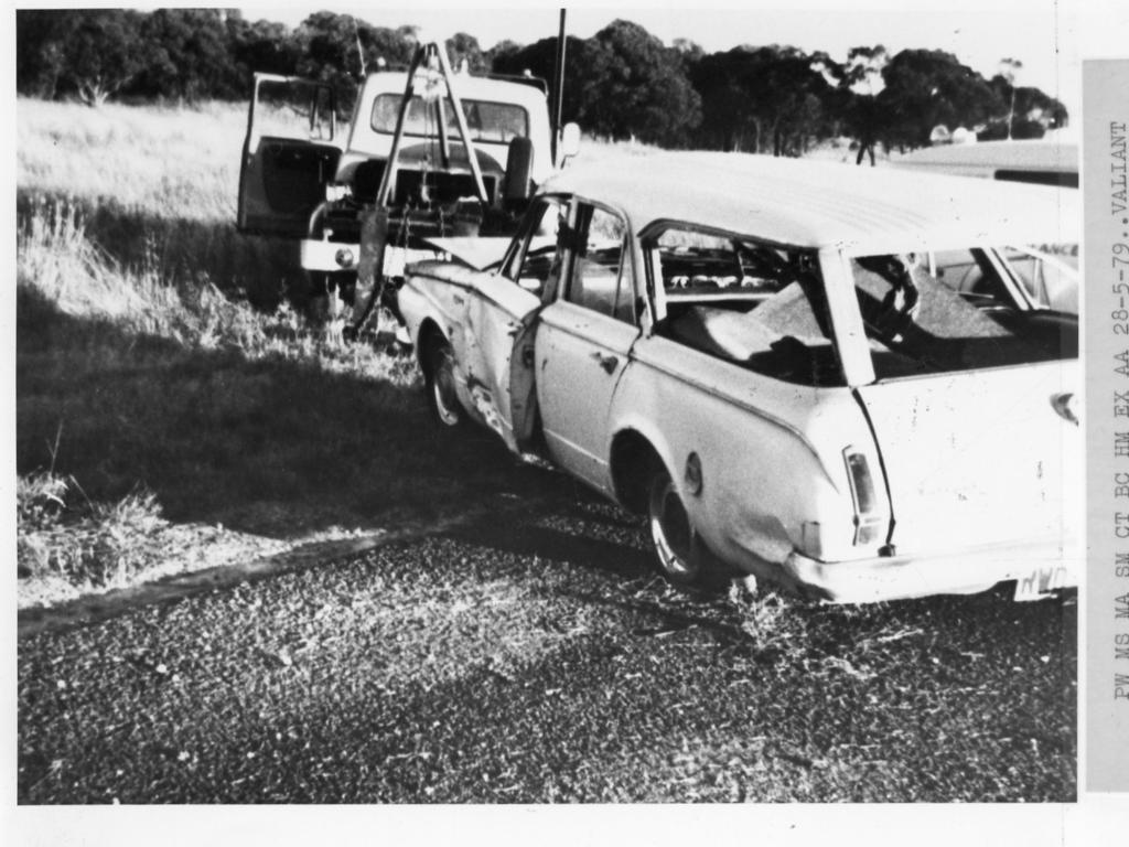 The Valiant station wagon in which Christopher Worrell was killed in a crash on the Princes Highway near Kingston in the South-East. February 19, 1977.