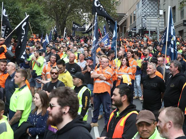 CFMEU members rally in the city. Picture: David Crosling