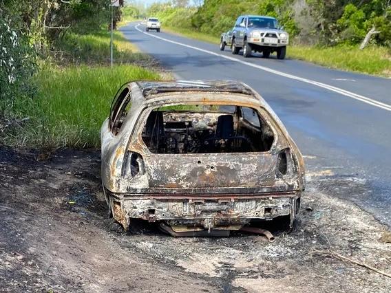 2002 silver Mitsubishi Mirage destroyed by fire at Inskip, QLD