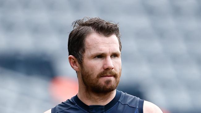 GEELONG, AUSTRALIA - MAY 10: Patrick Dangerfield of the Cats looks on during the Geelong Cats training session at GMHBA Stadium on May 10, 2023 in Geelong, Australia. (Photo by Dylan Burns/AFL Photos via Getty Images)