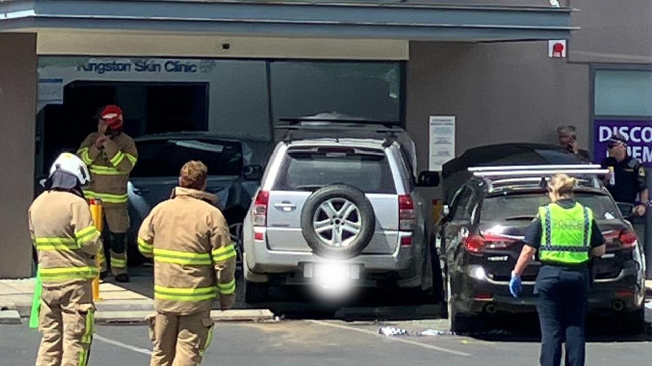 The aftermath of a car crash into Kingborough Medical Centre at Kingston on December 12, 2023. Picture: Chris Kidd