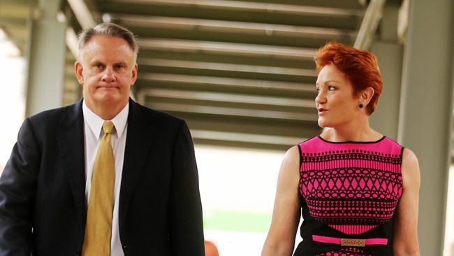 Pauline Hanson and Mark Latham outside the 2GB studio in Sydney. Picture: John Grainger