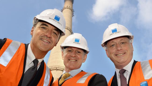 Premier Jay Weatherill with Air Liquide Australia managing director Michele Gritti (left), and AGL CEO Andrew Vesey during a tour of the Torrens  Island power station last year. Picture: Campbell Brodie