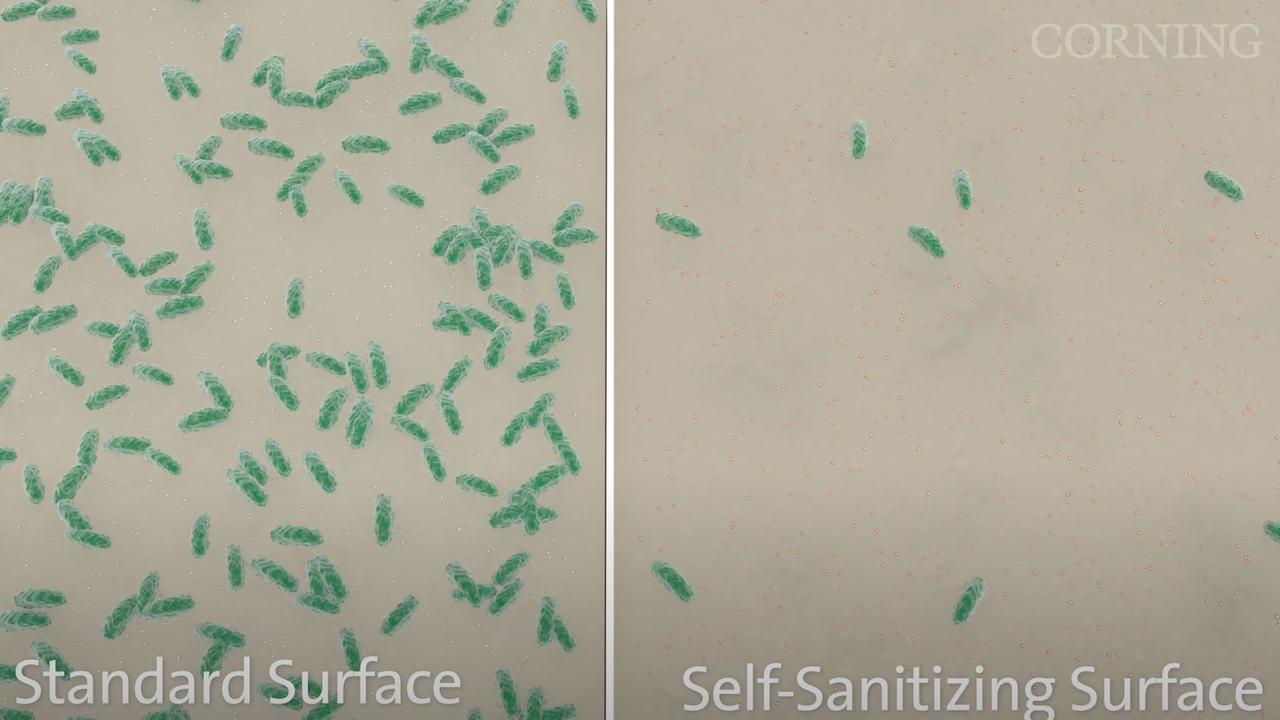 An artist’s impression of self-sanitising surfaces fighting against viruses and bacteria.