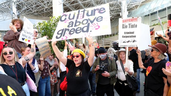 Protesters outside the Rio Tinto office in Perth on Tuesday. Picture: AAP