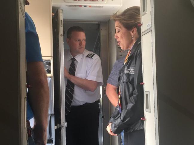 Shults greeted every passenger as they left the plane. Picture: Kristopher Johnson/Twitter