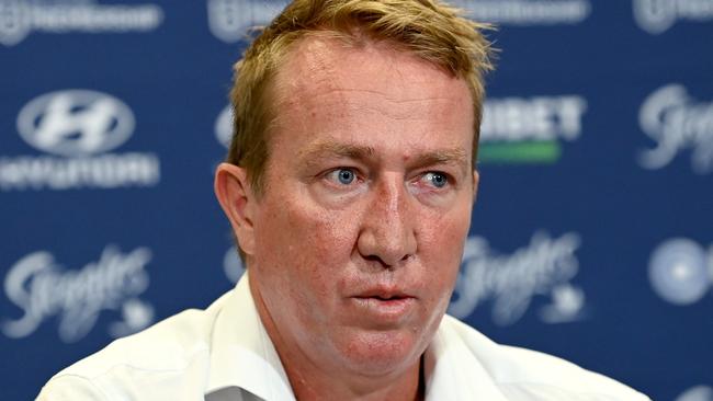 BRISBANE, AUSTRALIA - MARCH 05: Coach Trent Robinson of the Roosters speaks during a press conference after the round one NRL match between the Dolphins and Sydney Roosters at Suncorp Stadium on March 05, 2023 in Brisbane, Australia. (Photo by Bradley Kanaris/Getty Images)