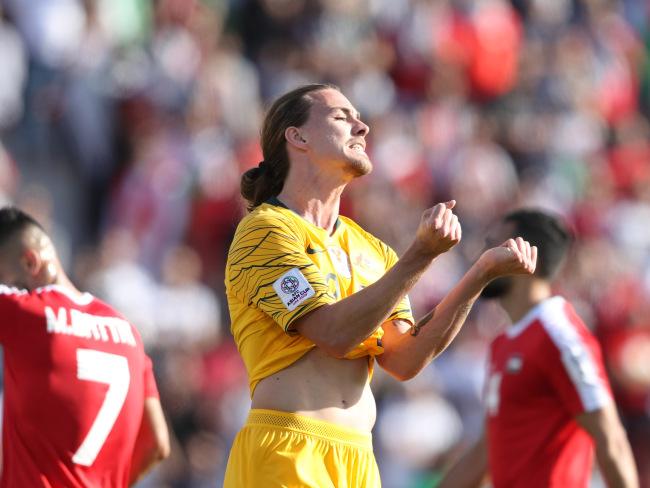 Jackson Irvine reacts after a missed chance. Picture: Getty