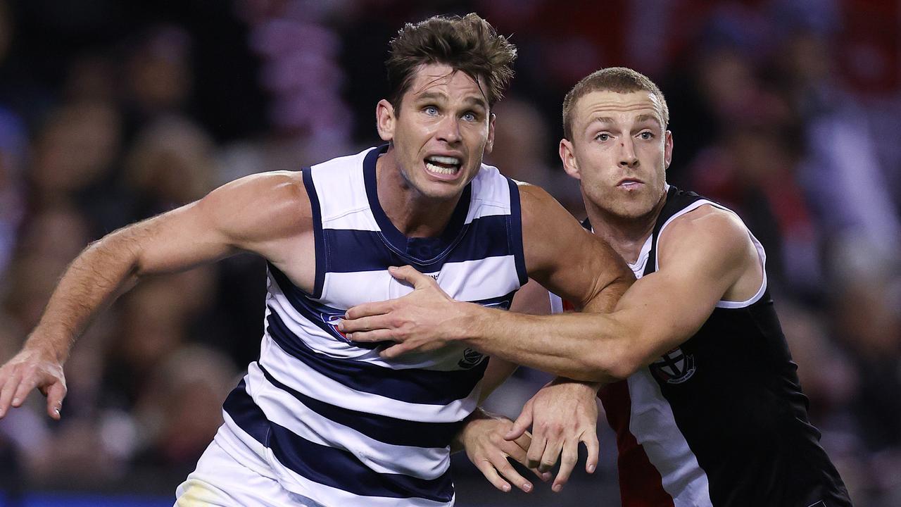 St Kilda defender Callum Wilkie will look to stand big Cat Tom Hawkins this Saturday but the game is likely to be played at an empty GMHBA Stadium. Picture: Michael Klein