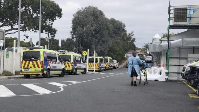 Ambulances ramping at Dandenong Hospital on Tuesday.