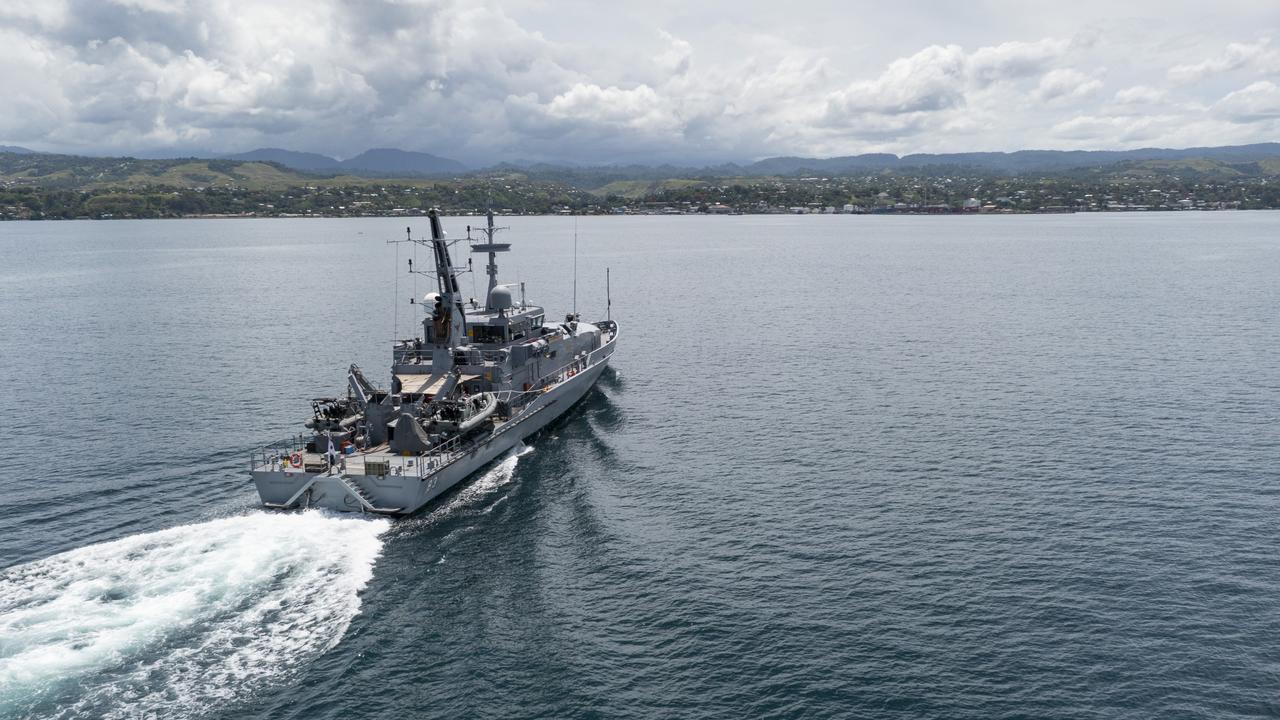 HMAS Armidale sails into the Port of Honiara on December 1, 2021 in Honiara, Solomon Islands. Picture: CPL Brodie Cross/Australian Department of Defence via Getty Images