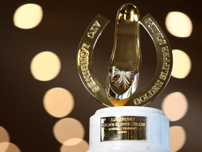 SYDNEY, AUSTRALIA - MARCH 16: The Longines Golden Slipper Trophy is displayed during the Longines Golden Slipper Barrier Draw at Rosehill Gardens on March 16, 2021 in Sydney, Australia. (Photo by Jason McCawley/Getty Images for Australian Turf Club)