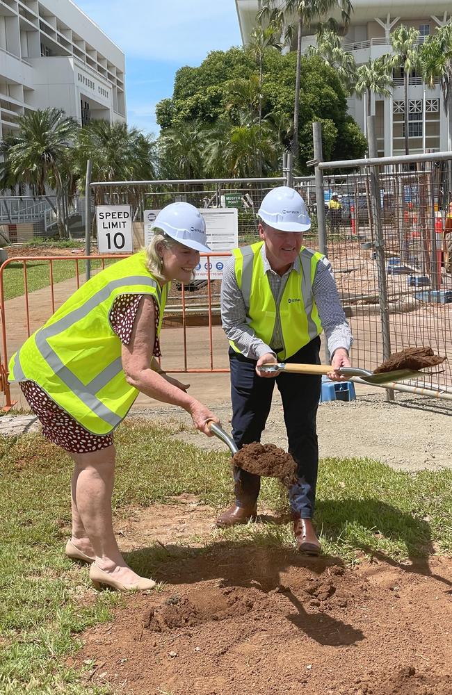 Infrastructure Minister Eva Lawler and Port Darwin MLA Paul Kirby turn the first sod on construction of the new Northern Territory Art Gallery. Picture: Annabel Bowles