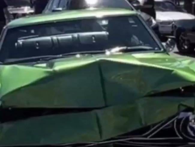 A muscle car meet stunt has gone wrong for a Camaro driver when they slammed into a car making a U-turn on Days Road. Picture: 7NEWS Adelaide