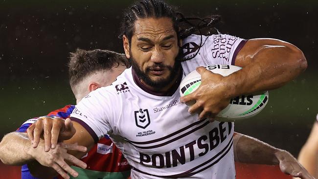 NEWCASTLE, AUSTRALIA – APRIL 07: Martin Taupau of the Sea Eagles is tackled during the round five NRL match between the Newcastle Knights and the Manly Sea Eagles at McDonald Jones Stadium, on April 07, 2022, in Newcastle, Australia. (Photo by Cameron Spencer/Getty Images)