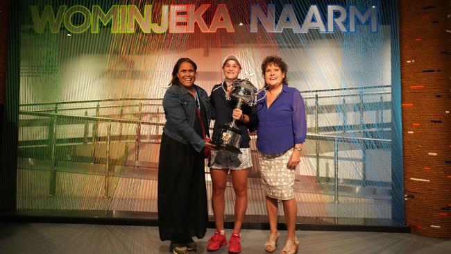 Cathy Freeman, left, Ash Barty and Evonne Goolagong Cawley on Saturday night after the women’s final. Picture: Scott Barbour/Tennis Australia