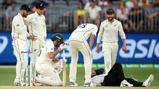 Umpire Aleem Dar receives attention. Picture: Getty Images