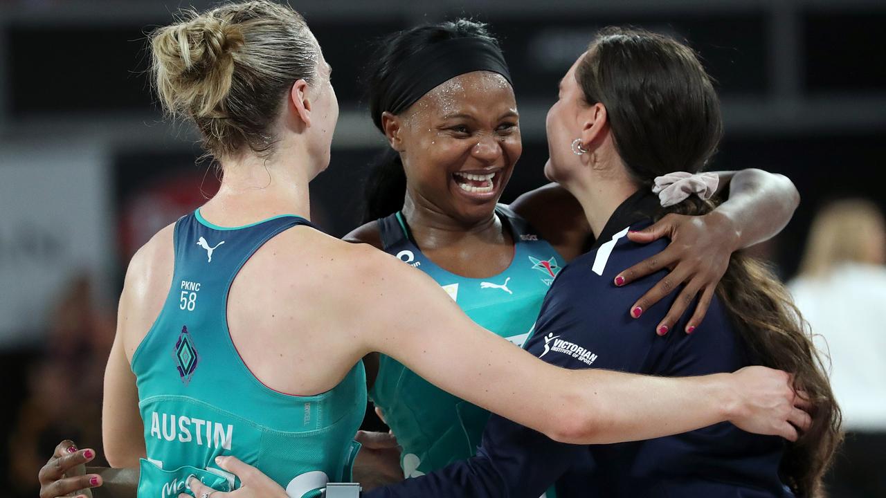 Mwai Kumwenda of the Vixens celebrates after downing the Collingwood Magpies. Picture: Getty Images