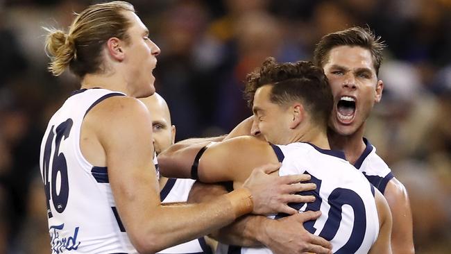 Geelong players celebrate during their win over West Coast. Picture: Getty Images