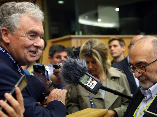French far-right party RN member Jean-Paul Garraud (L) talks to the media after a press conference during the first meeting for the new Group Patriots for Europe at the European Parliament in Brussels. Picture: AFP
