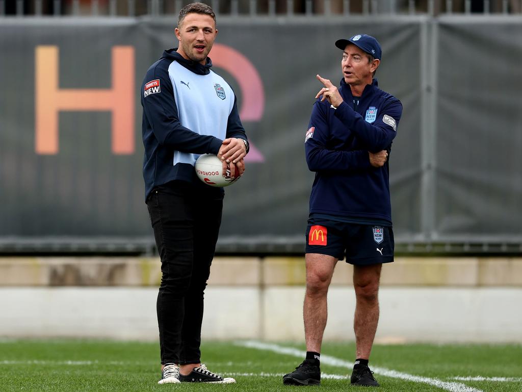 Sam Burgess (L) and Blues assistant coach Greg Alexander (R) look on during a New South Wales Blues State of Origin squad training session ahead of Origin I. Picture: Matt King/Getty Images