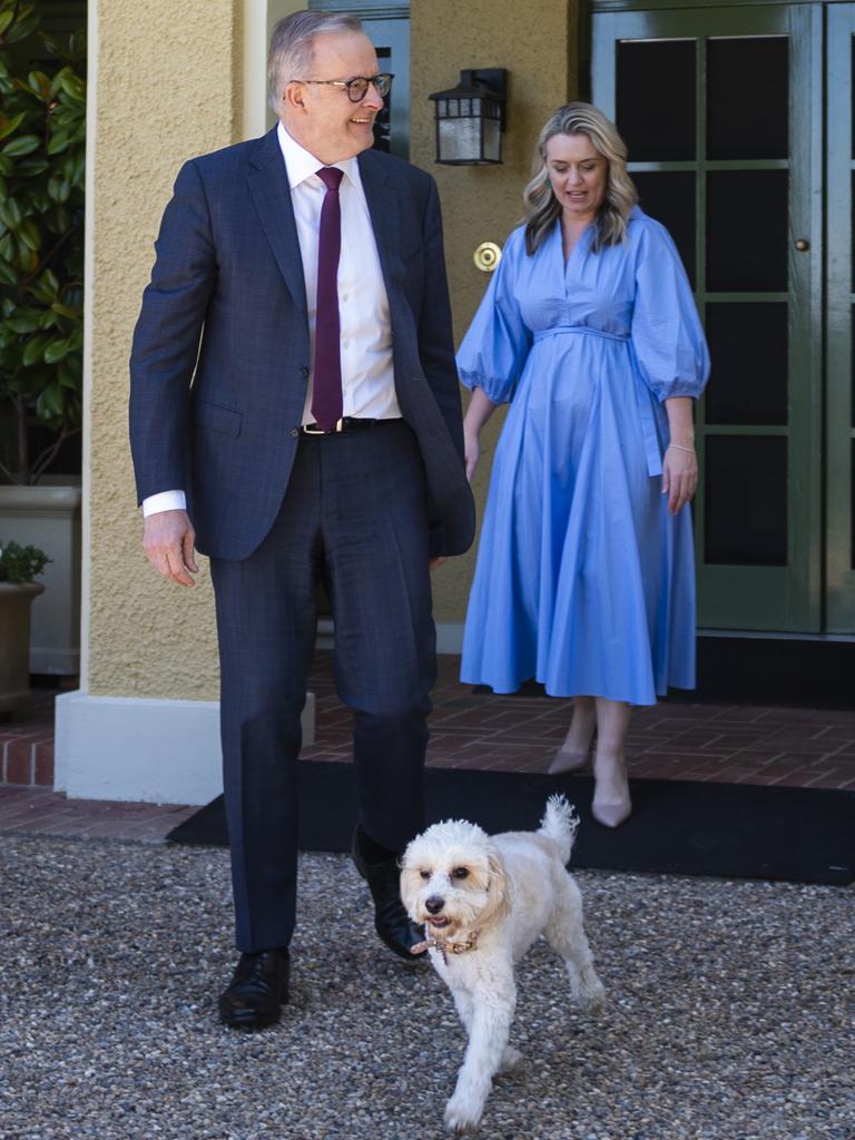Mr Albanese, partner Jodie Haydon and Toto. Picture: NCA NewsWire/Martin Ollman
