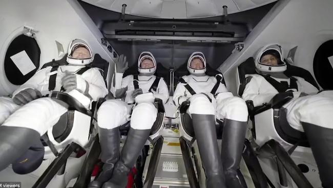 NASA's Butch Wilmore, Russia’s Alexander Gorbunov, NASA’s Nick Hague and NASA's Suni Williams wait to exit the SpaceX capsule after splashing down. Picture: SpaceX via AP