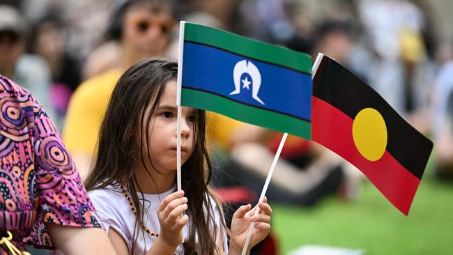 First Nation people and their supporters take part in an ‘Invasion Day’ in Brisbane. Picture: Dan Peled / NewsWire