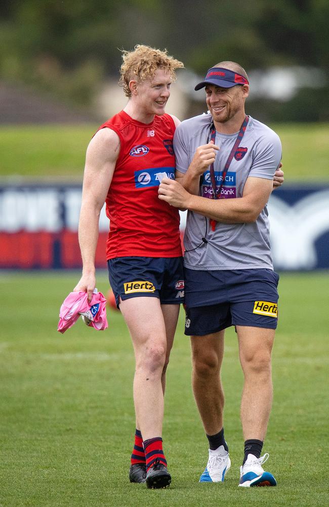 Simon Goodwin with Clayton Oliver. Picture: Mark Stewart