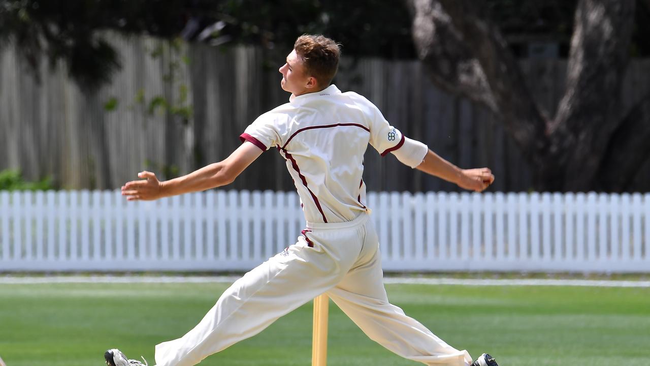 Toombul bowler Tom Balkin lets rip. He is the real deal when it comes to promising players. Picture, John Gass