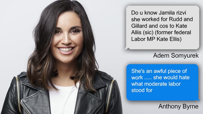 Jamila Rizvi featured in a text message exchange between Adem Somyurek and Anthony Byrne.