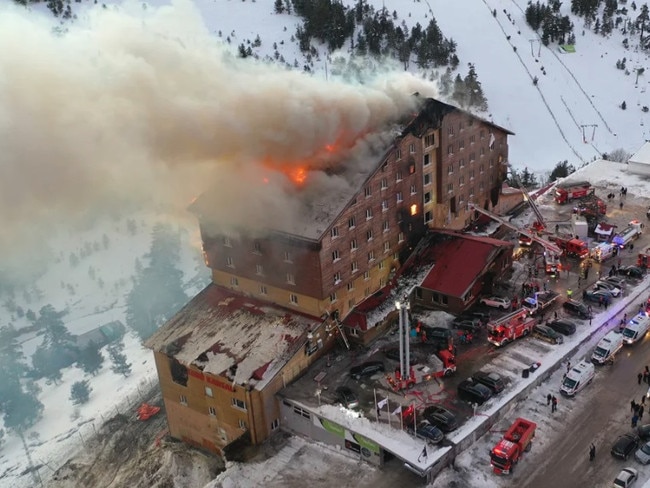 A fire engulfed a hotel at the popular Kartalkaya ski resort in northwestern Turkey early Tuesday, killing 10 people died and injuring 32 others, the interior minister said. Picture: Mehmet Emin Gurbuz/Anadolu/Getty Images