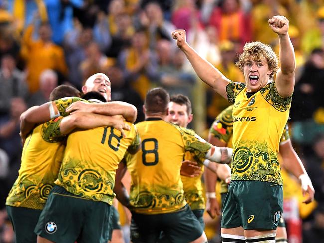 Ned Hanigan and the Wallabies celebrate last year’s win in Brisbane. Picture: Getty Images