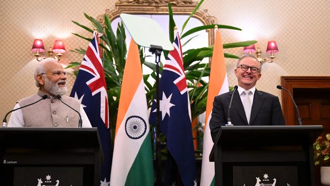 Australia's Prime Minister Anthony Albanese and India's Prime Minister Narendra Modi hold a joint press conference after a bilateral meeting at Admiralty House in Sydney.