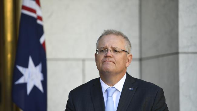 Australian Prime Minister Scott Morrison speaks to the media during a press conference at Parliament House in Canberra, Monday, May 11, 2020. (AAP Image/Lukas Coch) NO ARCHIVING