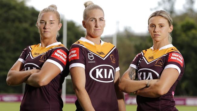 Meg Ward, Ali Brigginshaw, and Julia Robinson from the Broncos NRLW team. Picture: Josh Woning