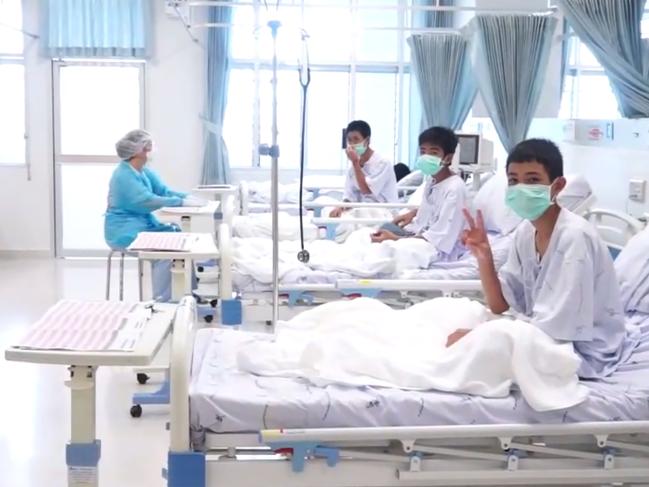 Members of the "Wild Boars" football team being treated at a hospital in Chiang Rai. Picture: AFP