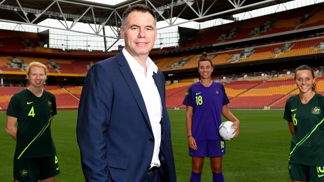 New Matildas coach Ante Milicic with Matildas (l-r) Clare Polkinghorne, Mackenzie Arnold and Hayley Raso at Suncorp Stadium on Thursday. Picture: Getty Images 