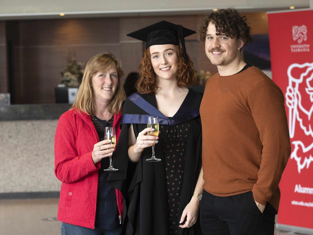 UTAS Graduations, Kate Lane, Justine Lane and Jacob Renshaw at Hobart. Picture Chris Kidd