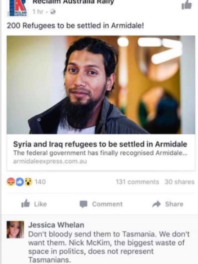 Comments about Muslim immigration allegedly made by Liberal candidate Jessica Whelan on Facebook. 