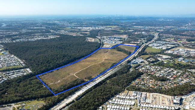 Aerial photo of Lot 1, Pacific Highway, a 54.99ha site near Westfield Coomera which is now on the market. Picture: Supplied by Colliers