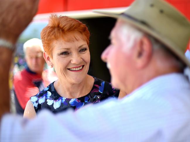 One Nation leader Pauline Hanson is seen during a stop on the One Nation 'Battler Bus' in Gin Gin, Tuesday, November 7, 2017. Hanson is conducting a regional tour of the state as part of the Queensland election campaign, speaking to residents about the major issues for them leading into the election. (AAP Image/Dave Hunt) NO ARCHIVING