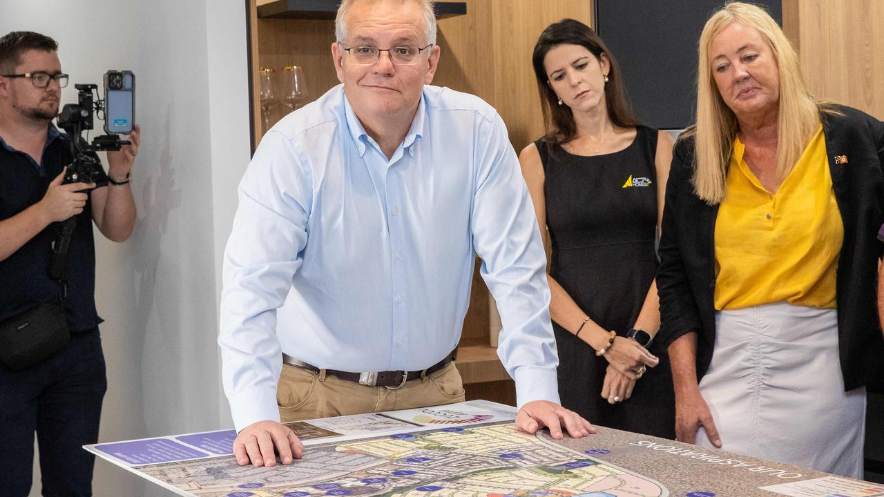 Scott Morrison visits the Alpha Homes Display Home to meet with first home buyers who used the HomeBuilder grants to get into their first home. The event is located in electorate of LINGIARI, Zuccoli, near Darwin, NT. Picture: Jason Edwards