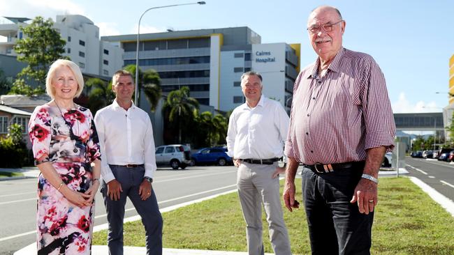 JCU vice chancellor Sandra Harding, Advance Cairns executive chairman Nick Trompf, JCU Cairns Campus Director David Craig and Leichhardt MP Warren Entsch announce the land for a university hospital has been secured. Picture: Stewart McLean