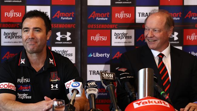 Coach Brad Scott with Essendon president David Barham. Picture: Robert Cianflone / Getty Images