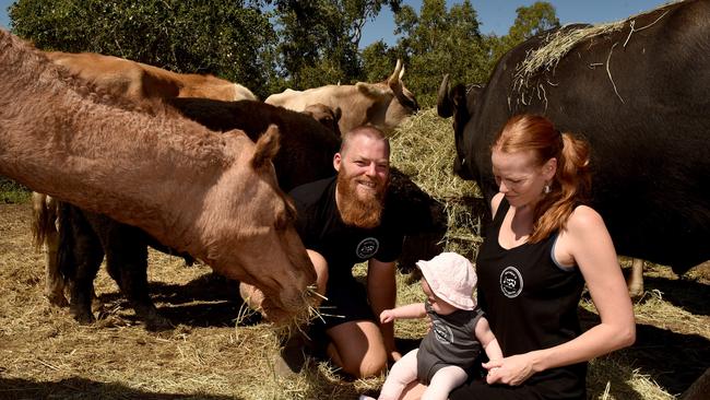 Dan and Marianne Robson with Scarlet, Latte the camel and other animals at Maridan's Menagerie at Oak Valley. Picture: Evan Morgan