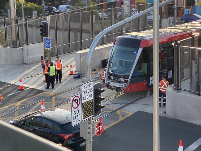 Moore Park: A Sydney tram has been involved in a crash. Witnesses say there was a minor collision with a car and there are no injuries, but South Dowling Street has been blocked in both directions between Cleveland and Flinders Streets. Picture: Chris Harris