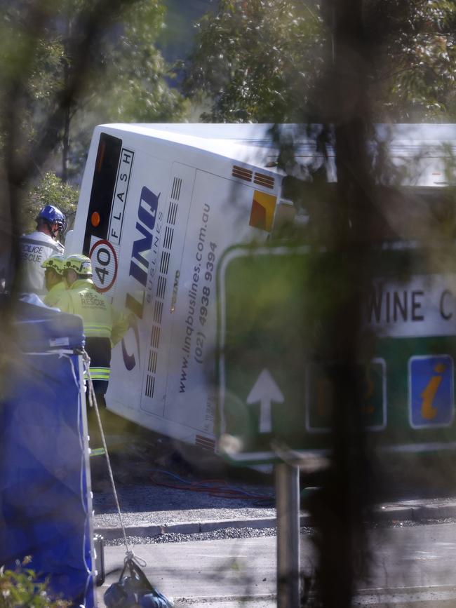 The scene of the horrific bus crash, which killed 10 people and injured 25 others at Greta in the Hunter wine country. Picture: Jonathan Ng